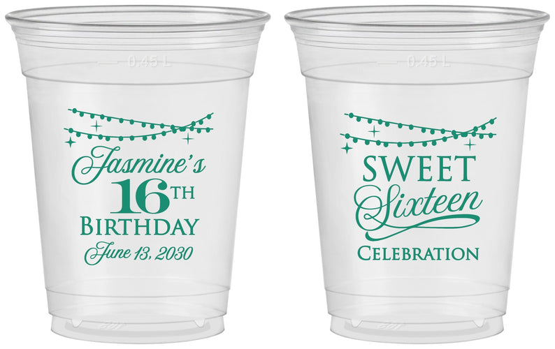 Custom 16th Birthday 16 oz Soft Sided Clear Cups - String Lights | 300009