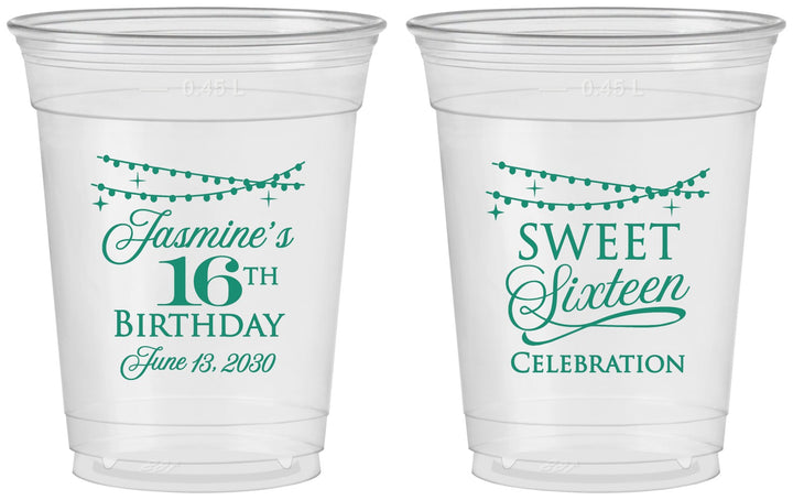 Custom 16th Birthday 16 oz Soft Sided Clear Cups - String Lights | 300009