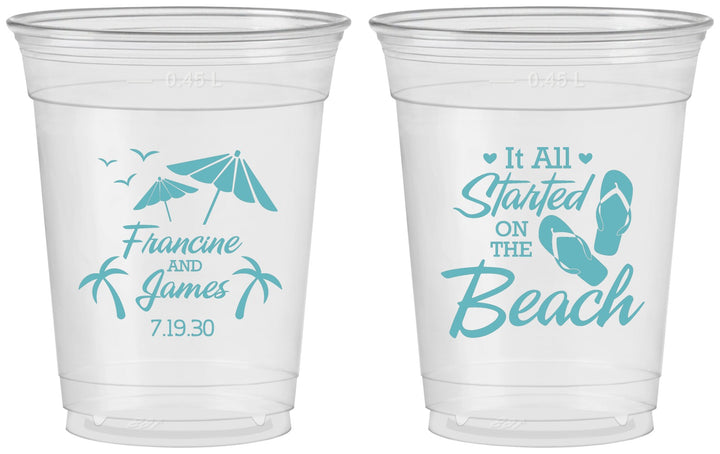 Custom Wedding 16 oz Soft Sided Clear Cups - Started On The Beach | 310