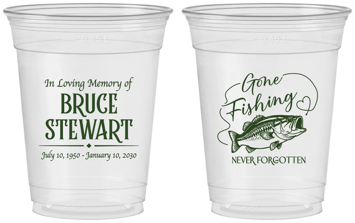 Custom Memorial 16 oz Soft Sided Clear Cups - Gone Fishing | 310023