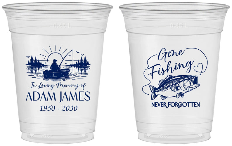 Custom Memorial 16 oz Soft Sided Clear Cups - Gone Fishing | 310024