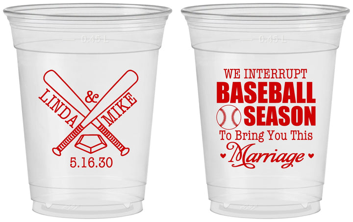 Custom Wedding 16 oz Soft Sided Clear Cups - We Interrupt Baseball | 313