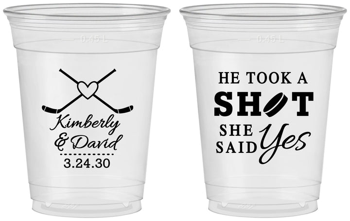 Custom Wedding 16 oz Soft Sided Clear Cups - Took A Shot Hockey | 323
