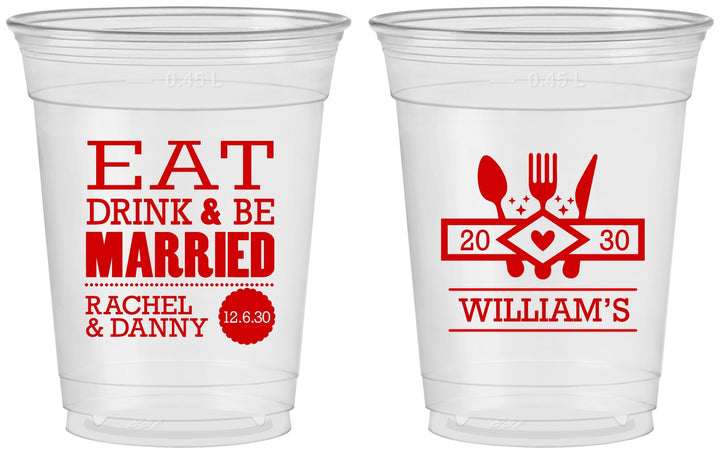 Custom Wedding 16 oz Soft Sided Clear Cups - Eat Drink Be Married | 324
