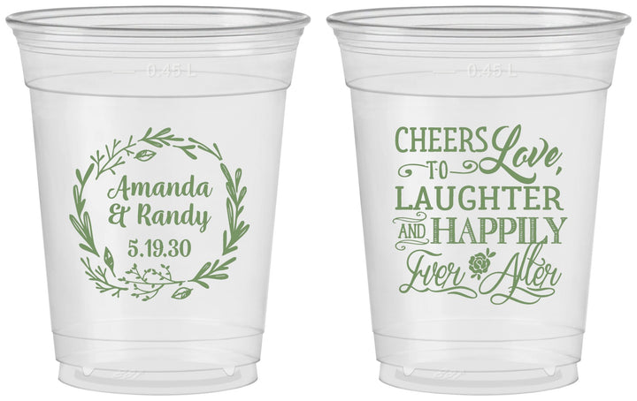 Custom Wedding 16 oz Soft Sided Clear Cups - Love Laughter Happily | 326