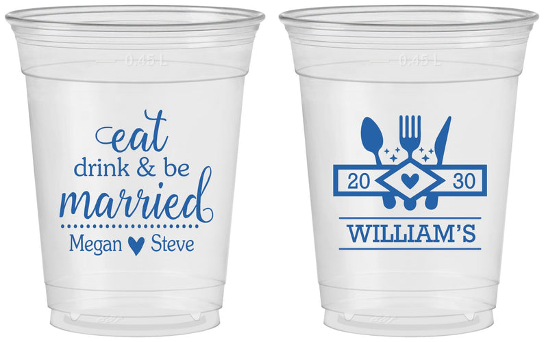 Custom Wedding 16 oz Soft Sided Clear Cups - Eat Drink Be Married | 327