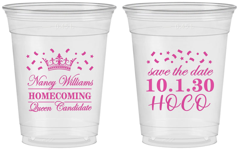 Custom Homecoming 16 oz Soft Sided Clear Cups - Hoco Queen Vote | 330024