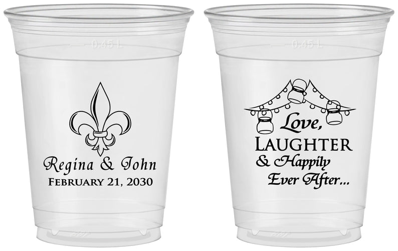 Custom Wedding 16 oz Soft Sided Clear Cups - Love Laughter Happily | 338