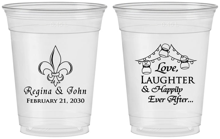 Custom Wedding 16 oz Soft Sided Clear Cups - Love Laughter Happily | 338