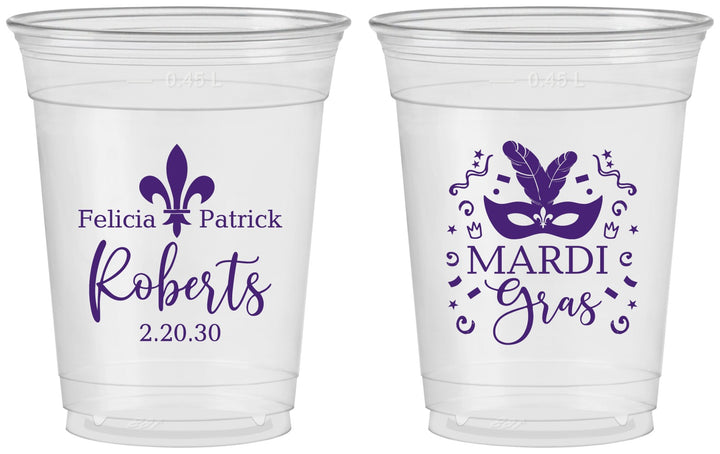 Custom Wedding 16 oz Soft Sided Clear Cups - Mardi Gras | 339