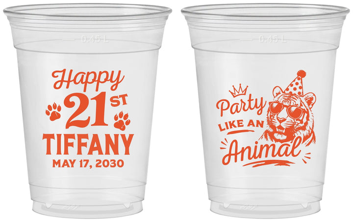 Custom 21st Birthday 16 oz Soft Sided Clear Cups - Party Like An Animal Tiger | 340020