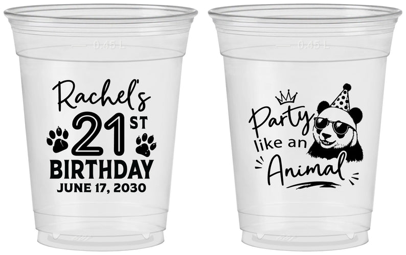 Custom 21st Birthday 16 oz Soft Sided Clear Cups - Party Like An Animal Panda | 340021