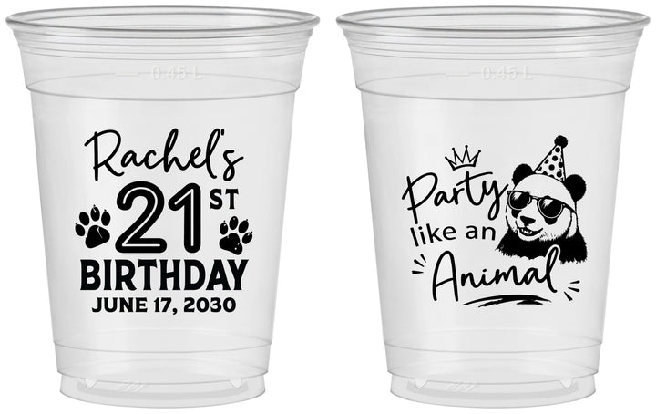 Custom 21st Birthday 16 oz Soft Sided Clear Cups - Party Like An Animal Panda | 340021