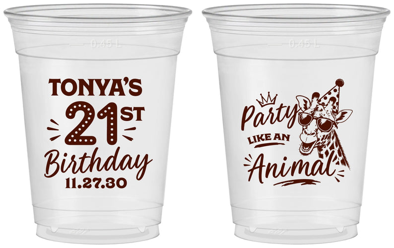 Custom 21st Birthday 16 oz Soft Sided Clear Cups - Party Like An Animal Giraffe | 340022