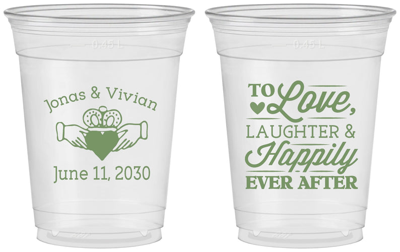 Custom Wedding 16 oz Soft Sided Clear Cups - Love Laughter Happily | 346