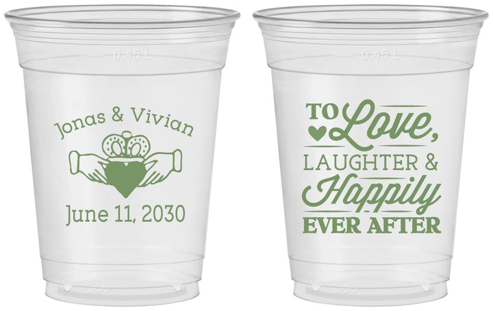 Custom Wedding 16 oz Soft Sided Clear Cups - Love Laughter Happily | 346