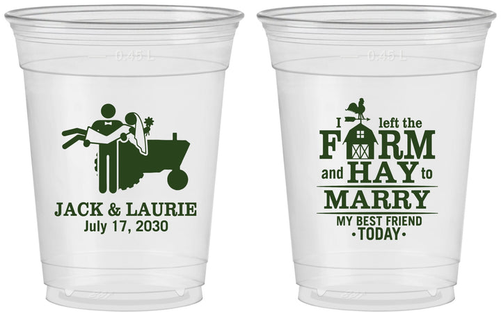 Custom Wedding 16 oz Soft Sided Clear Cups - Left The Farm Tractor | 347