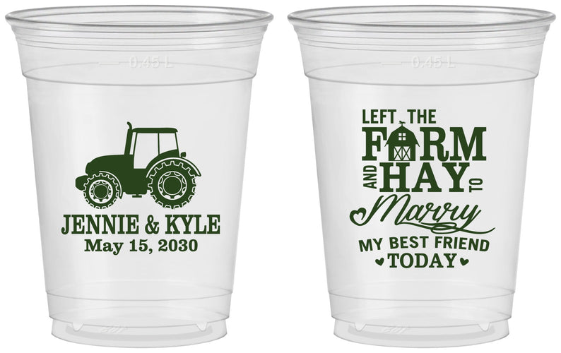 Custom Wedding 16 oz Soft Sided Clear Cups - Left The Farm Tractor | 351