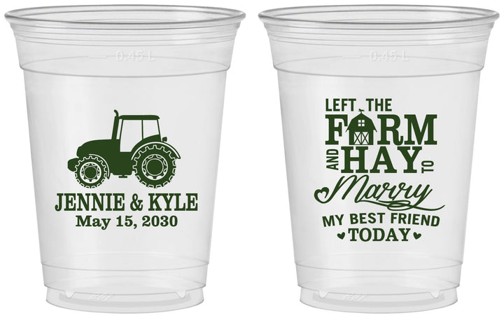 Custom Wedding 16 oz Soft Sided Clear Cups - Left The Farm Tractor | 351