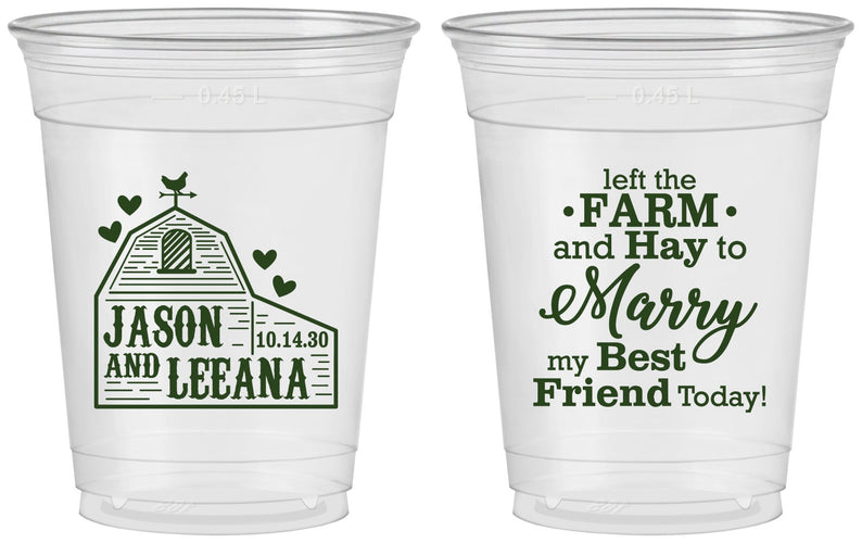 Custom Wedding 16 oz Soft Sided Clear Cups - Left The Farm Tractor | 352