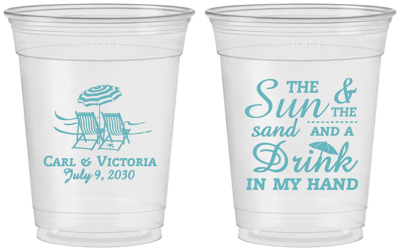 Custom Wedding 16 oz Soft Sided Clear Cups - Sun Sand Drink In My Hand | 353