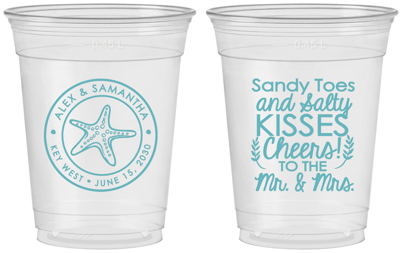 Custom Wedding 16 oz Soft Sided Clear Cups - Sandy Feet Salty Kisses | 355