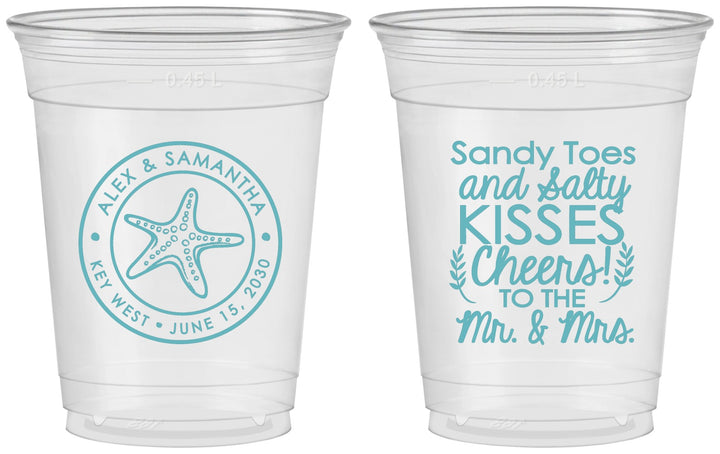Custom Wedding 16 oz Soft Sided Clear Cups - Sandy Feet Salty Kisses | 355