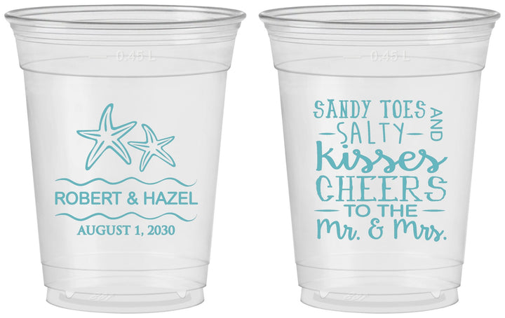 Custom Wedding 16 oz Soft Sided Clear Cups - Sandy Feet Salty Kisses | 356