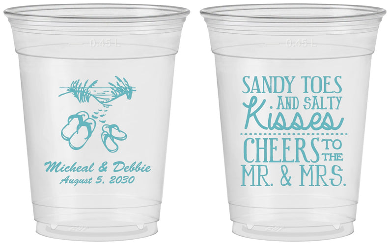 Custom Wedding 16 oz Soft Sided Clear Cups - Sandy Feet Salty Kisses | 357