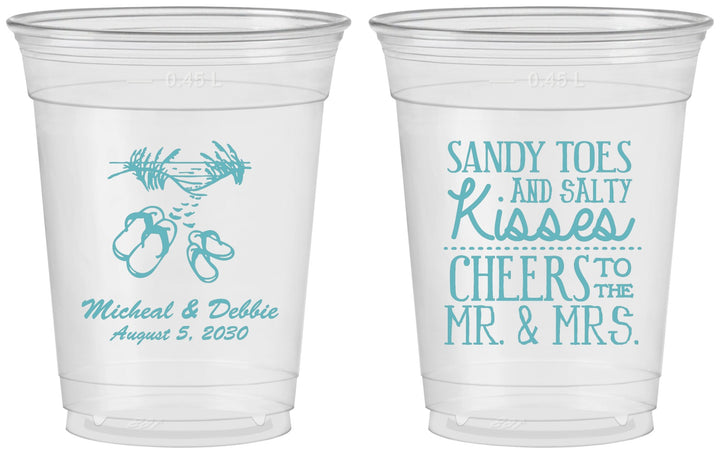 Custom Wedding 16 oz Soft Sided Clear Cups - Sandy Feet Salty Kisses | 357