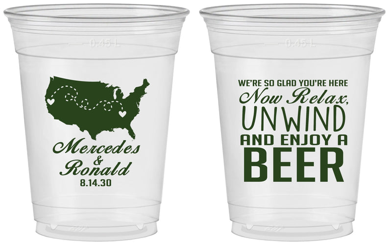 Custom Wedding 16 oz Soft Sided Clear Cups - Relax Unwind Enjoy Beer | 360