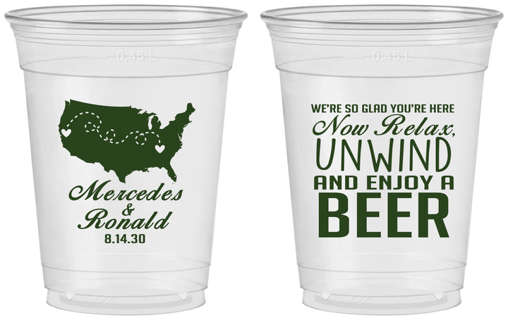 Custom Wedding 16 oz Soft Sided Clear Cups - Relax Unwind Enjoy Beer | 360