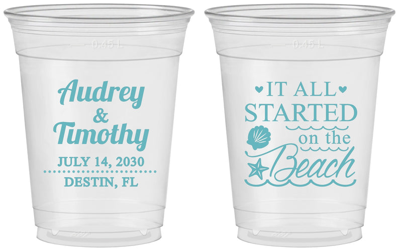 Custom Wedding 16 oz Soft Sided Clear Cups - Started On The Beach | 361