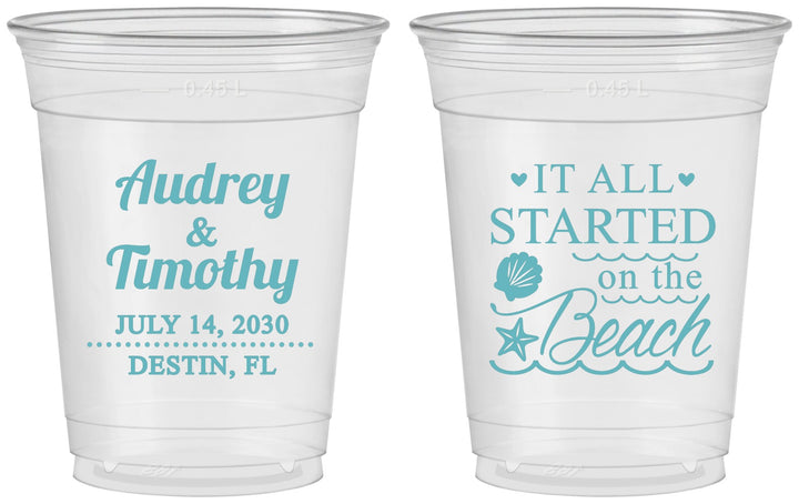 Custom Wedding 16 oz Soft Sided Clear Cups - Started On The Beach | 361