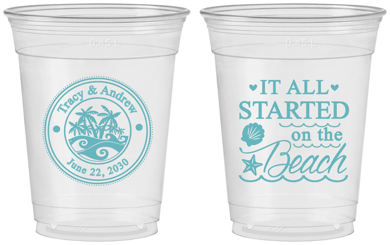 Custom Wedding 16 oz Soft Sided Clear Cups - Started On The Beach | 362