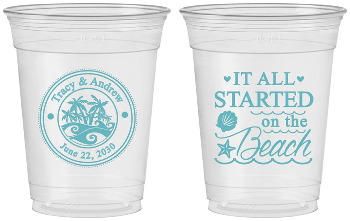 Custom Wedding 16 oz Soft Sided Clear Cups - Started On The Beach | 362