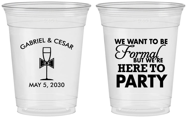 Custom Wedding 16 oz Soft Sided Clear Cups - Formal Here To Party | 366