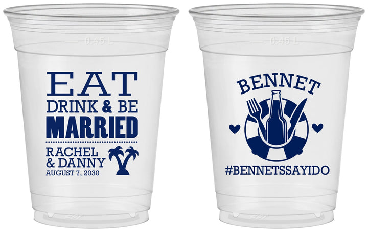 Custom Wedding 16 oz Soft Sided Clear Cups - Eat Drink Be Married | 367