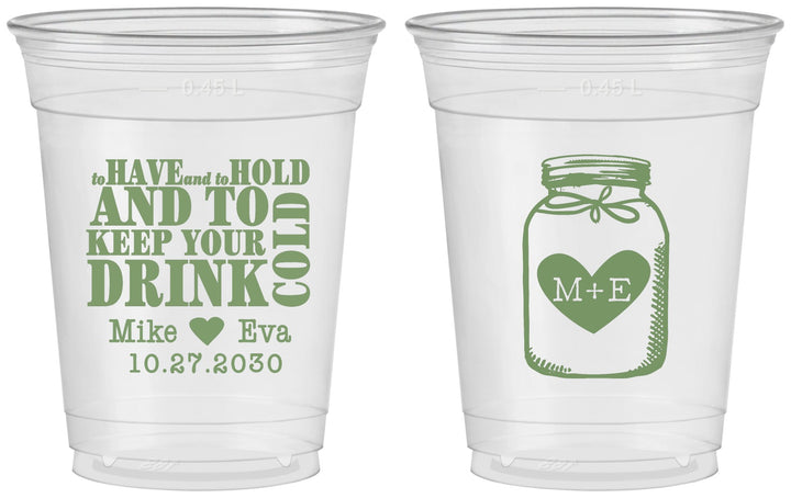 Custom Wedding 16 oz Soft Sided Clear Cups - Mason Jar | 373