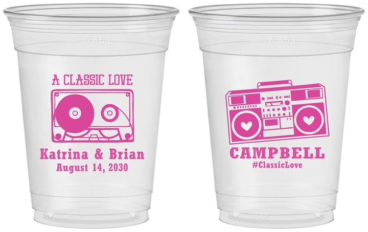 Custom Wedding 16 oz Soft Sided Clear Cups - Class Love Cassette Tape | 389