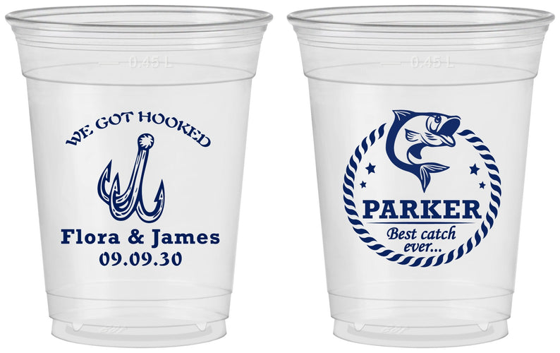 Custom Wedding 16 oz Soft Sided Clear Cups - We Got Hooked Fish | 392