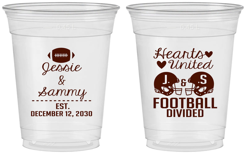 Custom Wedding 16 oz Soft Sided Clear Cups - Hearts United Football | 395