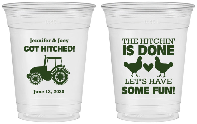 Custom Wedding 16 oz Soft Sided Clear Cups - Got Hitched Tractor | 397