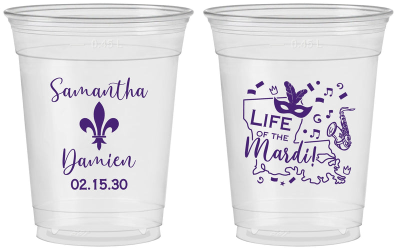 Custom Wedding 16 oz Soft Sided Clear Cups - Mardi Gras | 398
