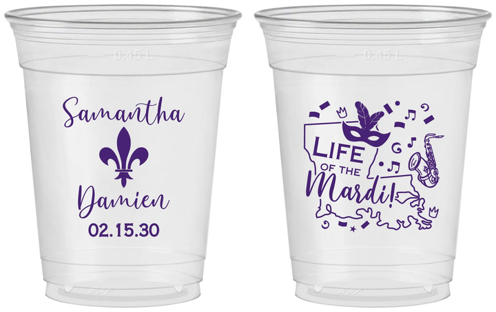 Custom Wedding 16 oz Soft Sided Clear Cups - Mardi Gras | 398