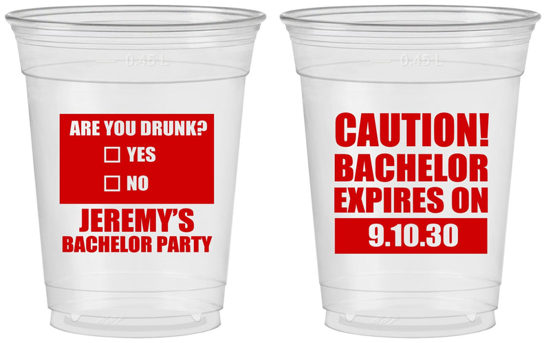 Custom Bachelor Party 16 oz Soft Sided Clear Cups - Caution Expires On | 40012