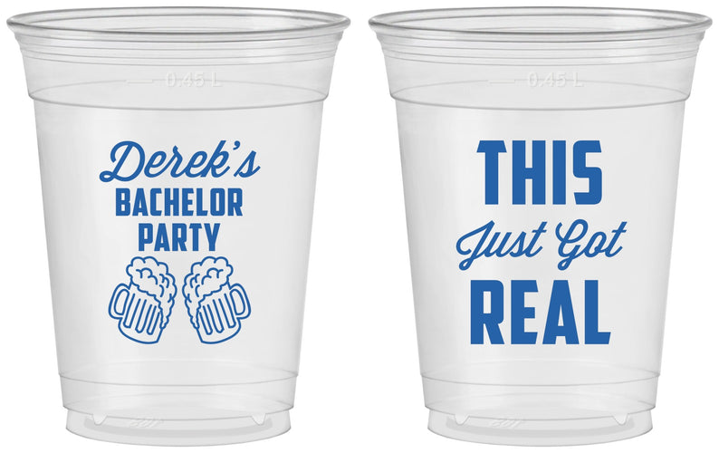 Custom Bachelor Party 16 oz Soft Sided Clear Cups - Just Got Real | 40024