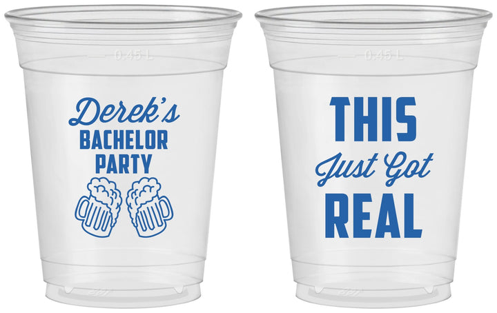 Custom Bachelor Party 16 oz Soft Sided Clear Cups - Just Got Real | 40024