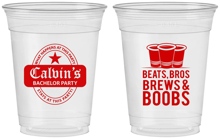 Custom Bachelor Party 16 oz Soft Sided Clear Cups - Brews And Boobs | 40031