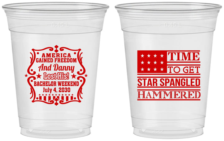 Custom Bachelor Party 16 oz Soft Sided Clear Cups - Star Spangled Hammered | 40032